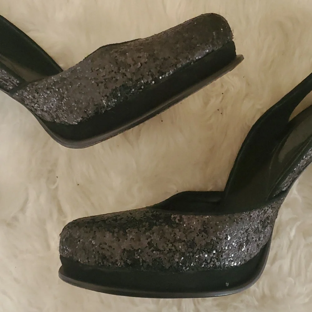 Diane Von Furstenberg DVF Black Sequin Slingback Stilletos Size 7M